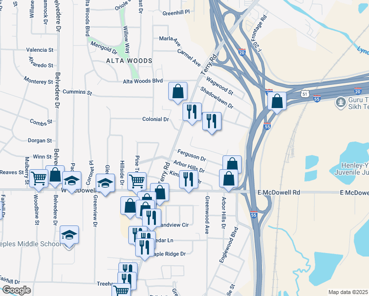 map of restaurants, bars, coffee shops, grocery stores, and more near 135 Ferguson Drive in Jackson