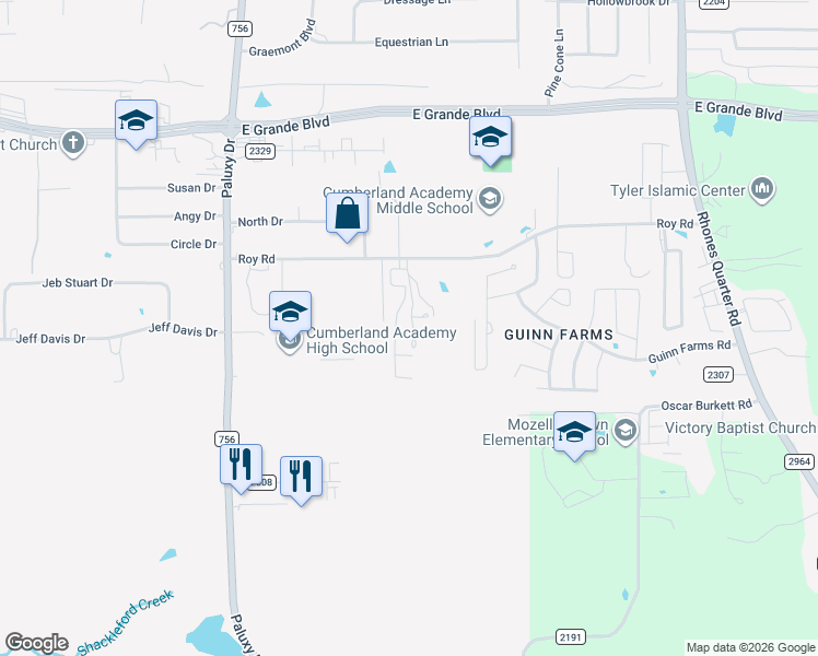 map of restaurants, bars, coffee shops, grocery stores, and more near 2205 Roy Road in Tyler