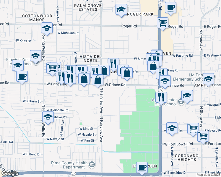 map of restaurants, bars, coffee shops, grocery stores, and more near 851 West Prince Road in Tucson