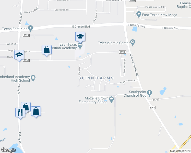 map of restaurants, bars, coffee shops, grocery stores, and more near 2868 Guinn Farms Road in Tyler