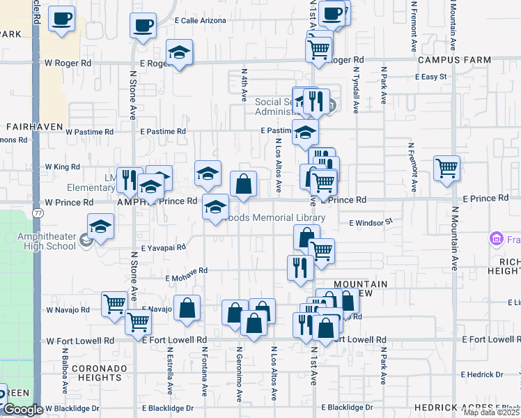 map of restaurants, bars, coffee shops, grocery stores, and more near 3519 North Los Altos Avenue in Tucson