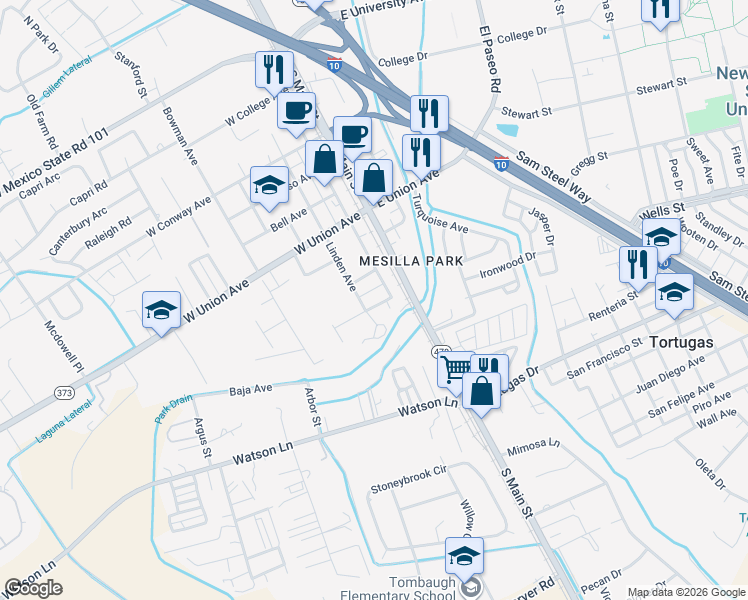 map of restaurants, bars, coffee shops, grocery stores, and more near 150 Hanks Drive in Las Cruces