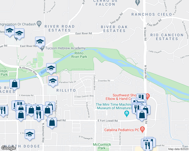 map of restaurants, bars, coffee shops, grocery stores, and more near Columbus Boulevard in Tucson