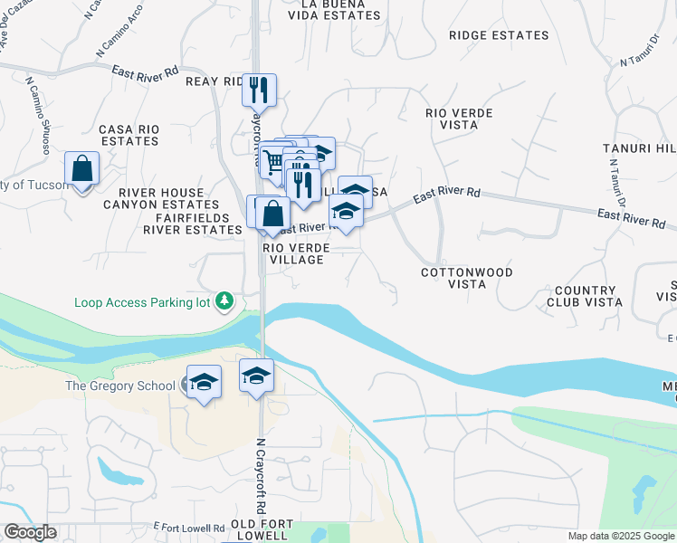 map of restaurants, bars, coffee shops, grocery stores, and more near 3575 North Calle Rosario in Tucson