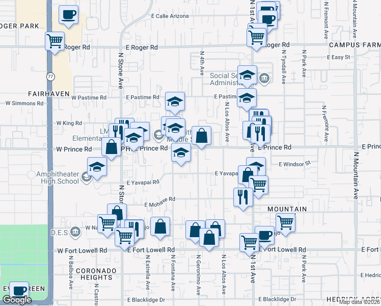 map of restaurants, bars, coffee shops, grocery stores, and more near 319 East Windsor Street in Tucson