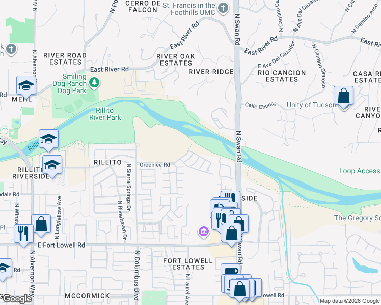 map of restaurants, bars, coffee shops, grocery stores, and more near 3517 North Brookhaven Lane in Tucson