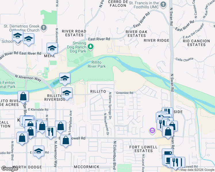 map of restaurants, bars, coffee shops, grocery stores, and more near 4241 East Boulder Springs Way in Tucson