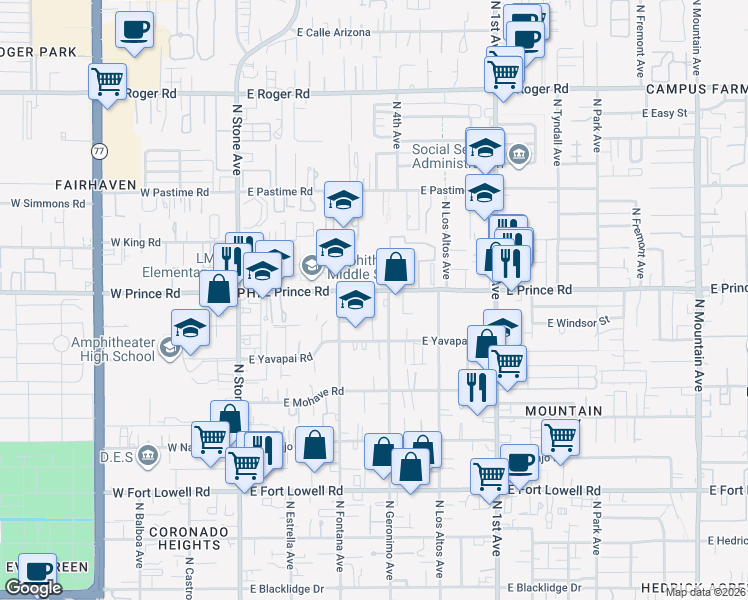 map of restaurants, bars, coffee shops, grocery stores, and more near 319 East Windsor Street in Tucson