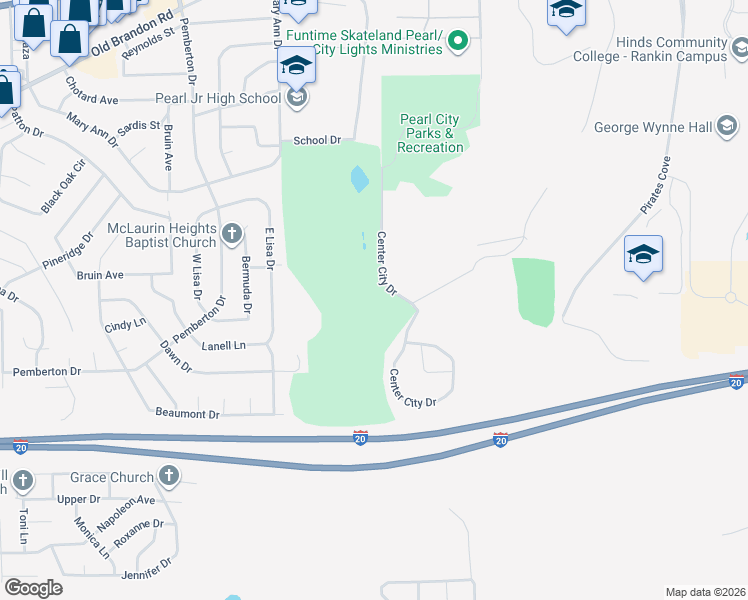 map of restaurants, bars, coffee shops, grocery stores, and more near 1079 Center City Drive in Pearl