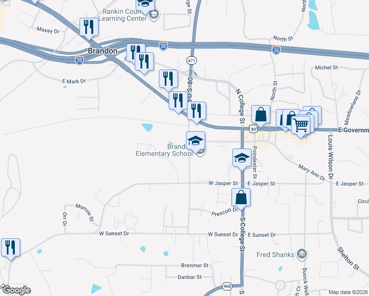map of restaurants, bars, coffee shops, grocery stores, and more near 124 Overby Street in Brandon
