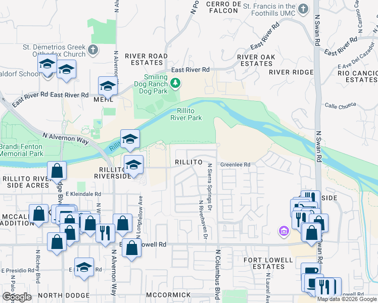 map of restaurants, bars, coffee shops, grocery stores, and more near 4173 East Sapphire Falls Drive in Tucson