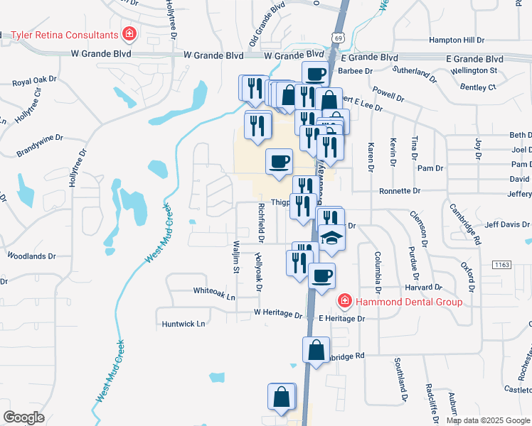 map of restaurants, bars, coffee shops, grocery stores, and more near 7108 Richfield Drive in Tyler