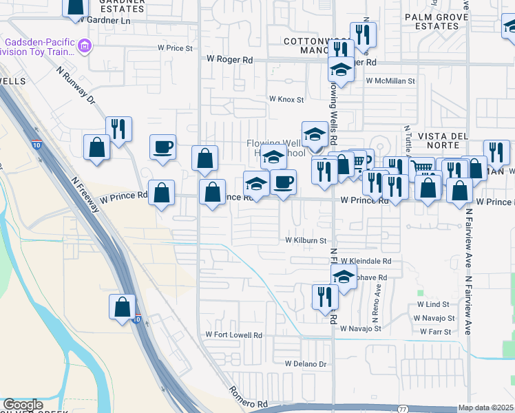 map of restaurants, bars, coffee shops, grocery stores, and more near 1557 West Prince Road in Tucson