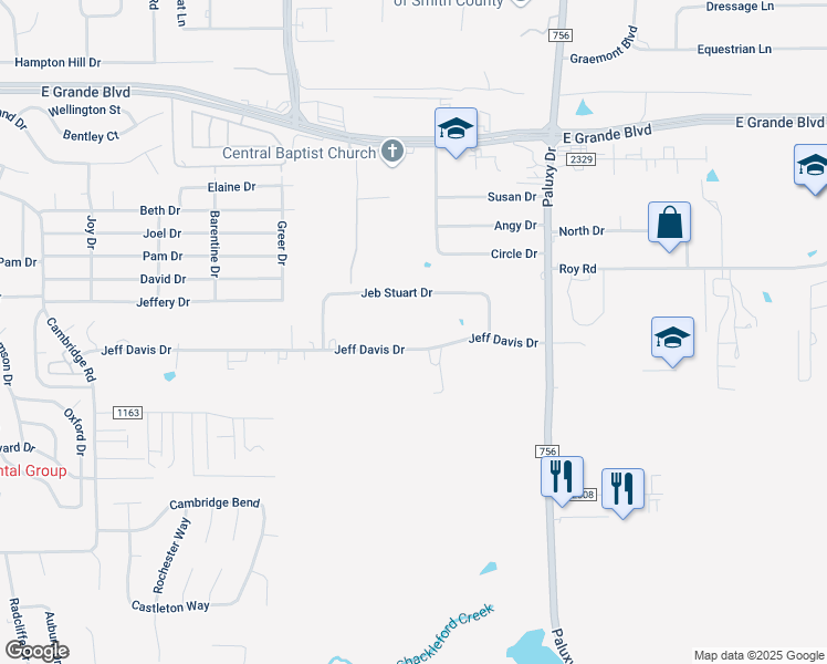 map of restaurants, bars, coffee shops, grocery stores, and more near 1423 Jeb Stuart Drive in Tyler