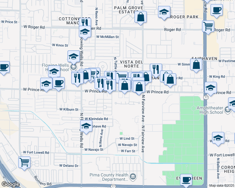 map of restaurants, bars, coffee shops, grocery stores, and more near 1020 West Prince Road in Tucson