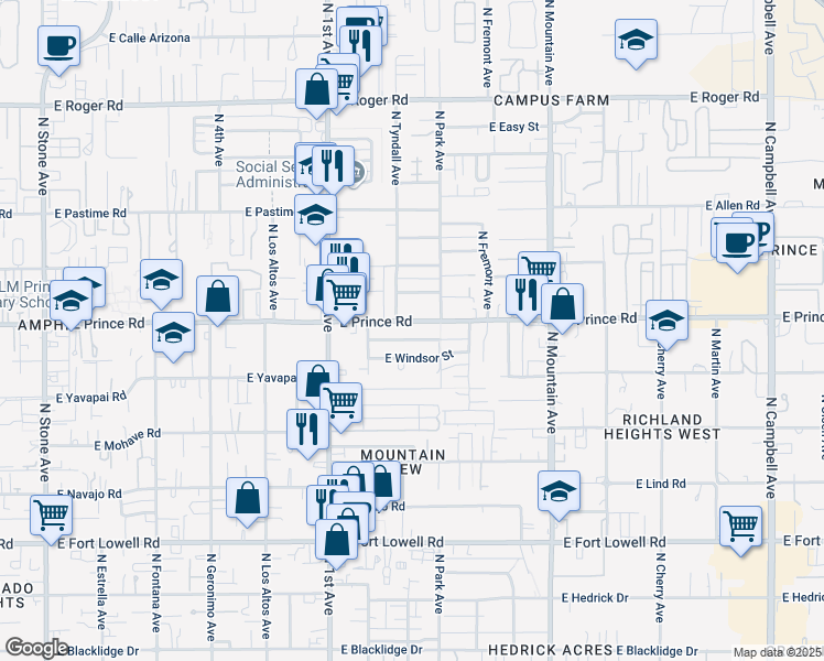 map of restaurants, bars, coffee shops, grocery stores, and more near 903 East Prince Road in Tucson