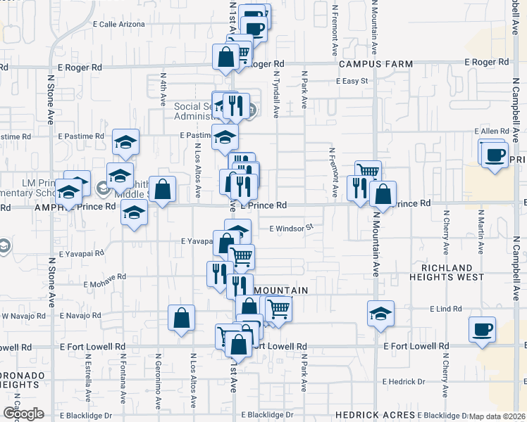 map of restaurants, bars, coffee shops, grocery stores, and more near 811 East Prince Road in Tucson