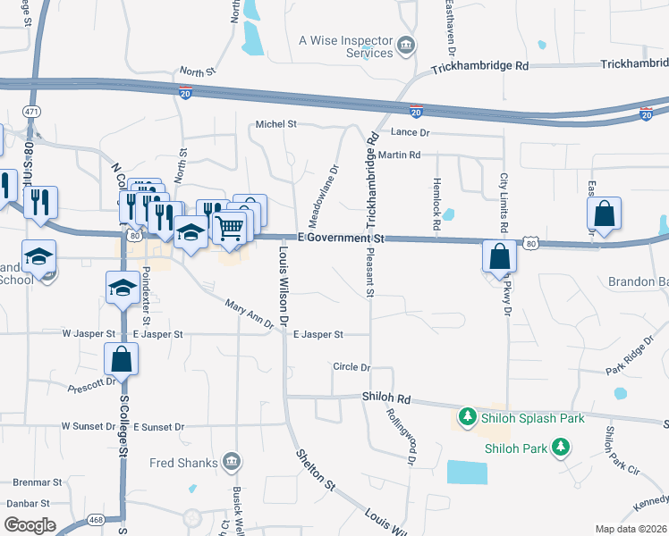 map of restaurants, bars, coffee shops, grocery stores, and more near 406 East Government Street in Brandon