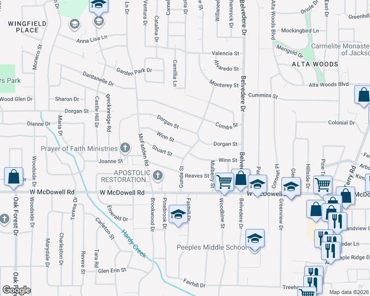 map of restaurants, bars, coffee shops, grocery stores, and more near 924 Winn Street in Jackson