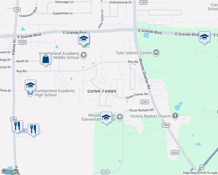 map of restaurants, bars, coffee shops, grocery stores, and more near 7260 Rolling Acres Place in Tyler