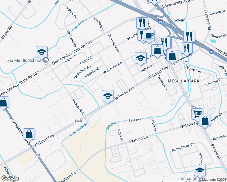 map of restaurants, bars, coffee shops, grocery stores, and more near 3303 Conlee Lane in Las Cruces