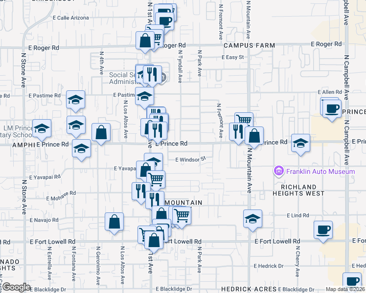 map of restaurants, bars, coffee shops, grocery stores, and more near 903 East Prince Road in Tucson