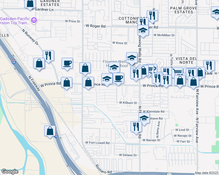 map of restaurants, bars, coffee shops, grocery stores, and more near 1557 West Prince Road in Tucson