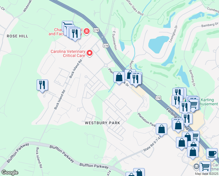 map of restaurants, bars, coffee shops, grocery stores, and more near 71 Kensington Boulevard in Bluffton