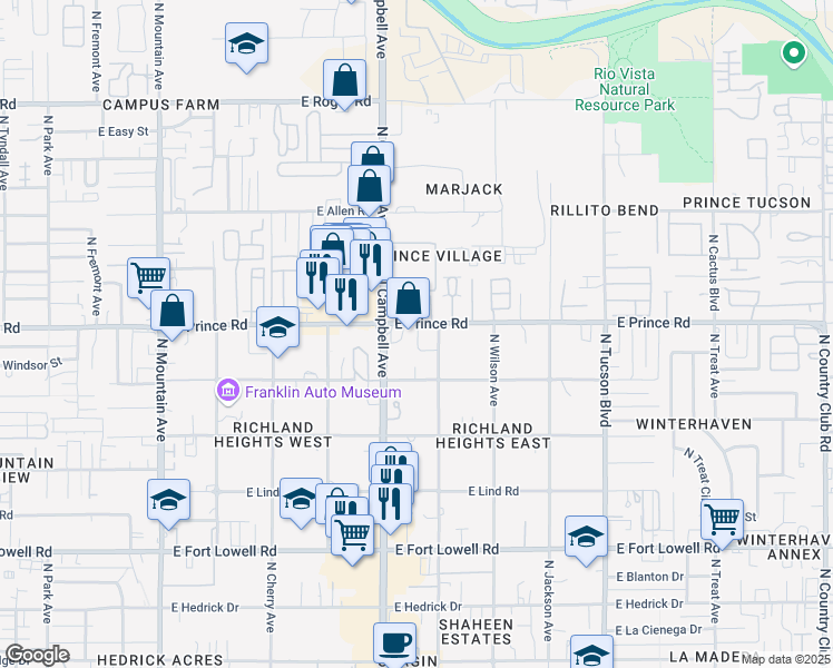 map of restaurants, bars, coffee shops, grocery stores, and more near 1944 East Prince Road in Tucson