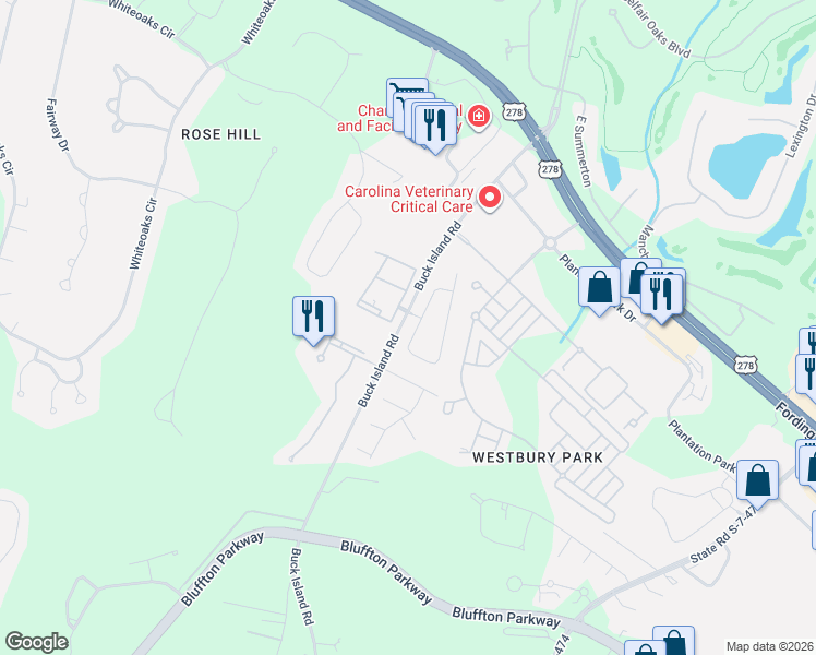 map of restaurants, bars, coffee shops, grocery stores, and more near 70 Old Farm Road in Bluffton