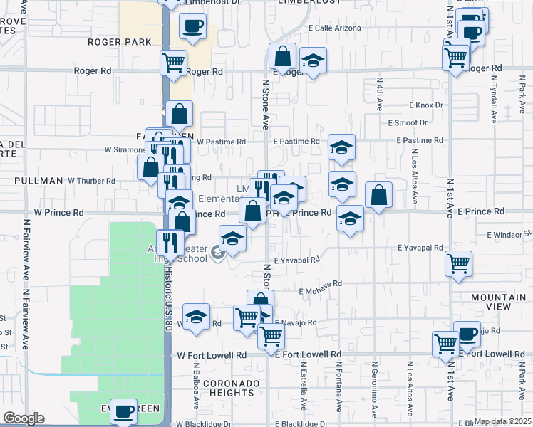 map of restaurants, bars, coffee shops, grocery stores, and more near N Stone Ave & E Prince Rd in Tucson
