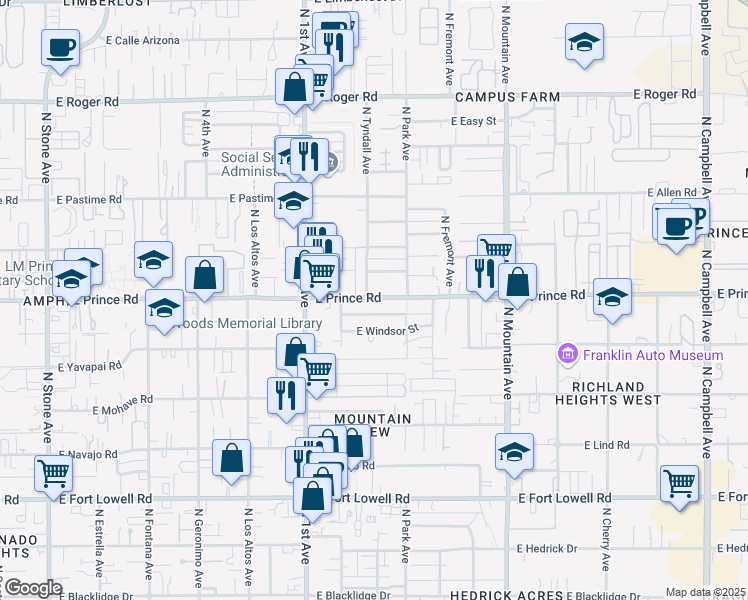 map of restaurants, bars, coffee shops, grocery stores, and more near 903 East Prince Road in Tucson