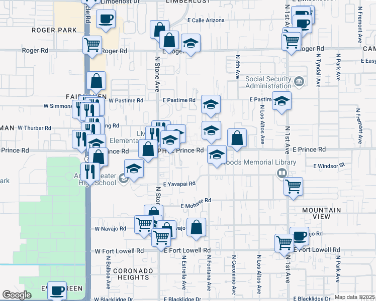 map of restaurants, bars, coffee shops, grocery stores, and more near 125 East Prince Road in Tucson