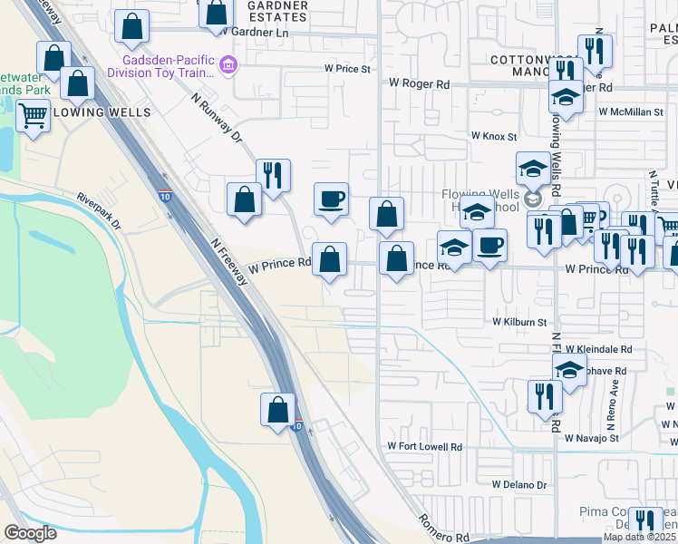 map of restaurants, bars, coffee shops, grocery stores, and more near 1904 West Prince Road in Tucson