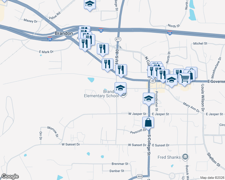 map of restaurants, bars, coffee shops, grocery stores, and more near 104 Overby Street in Brandon