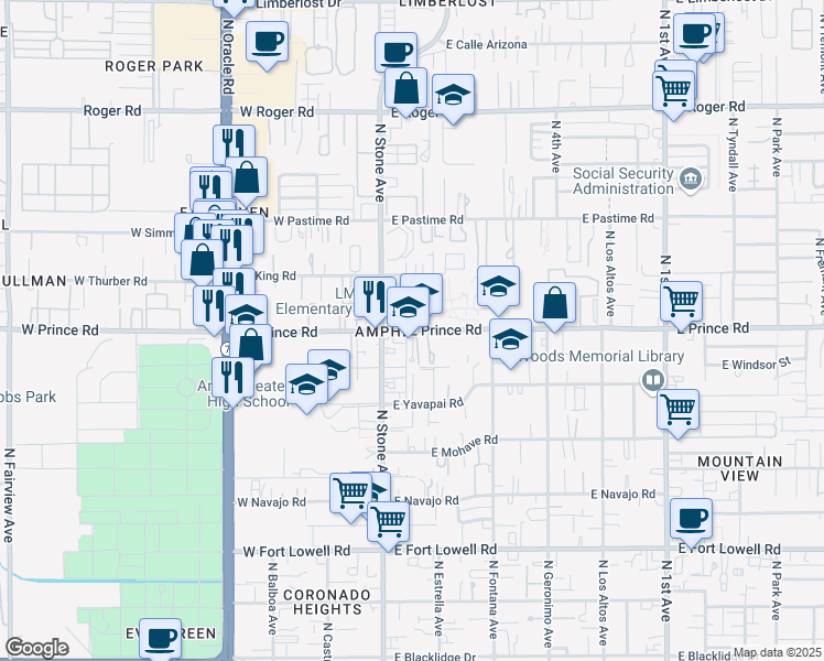 map of restaurants, bars, coffee shops, grocery stores, and more near 125 East Prince Road in Tucson
