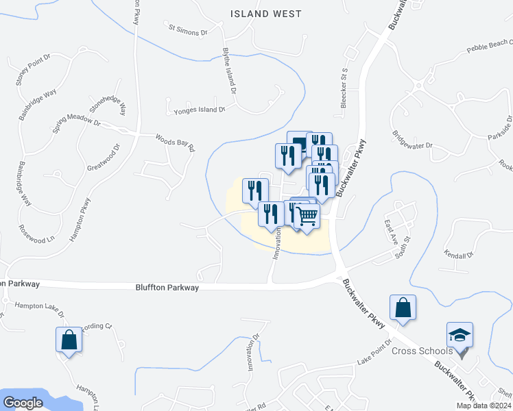 map of restaurants, bars, coffee shops, grocery stores, and more near 400 Buckwalter Place Boulevard in Bluffton