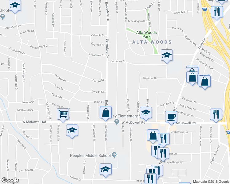 map of restaurants, bars, coffee shops, grocery stores, and more near 2433 Paden Street in Jackson