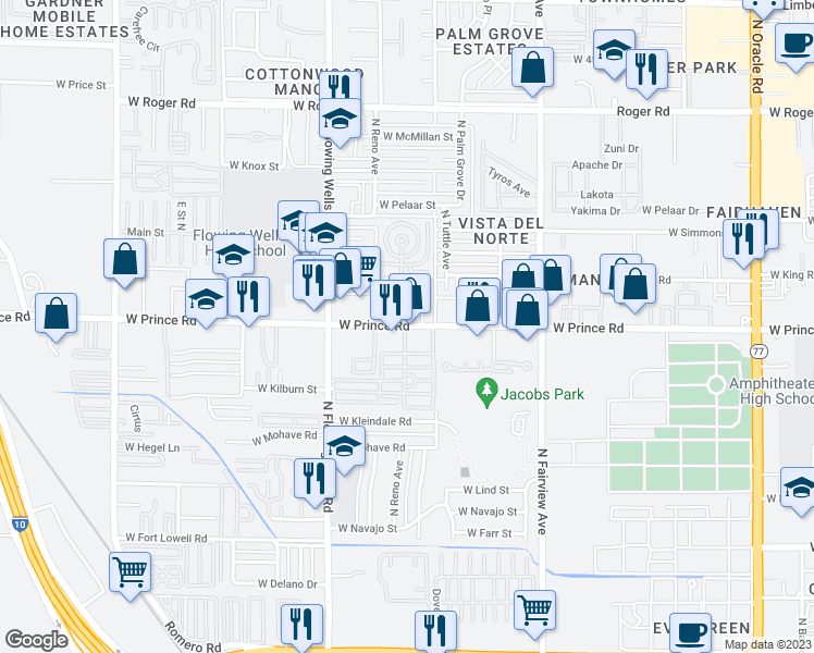 map of restaurants, bars, coffee shops, grocery stores, and more near 1205 W Prince Rd in Tucson