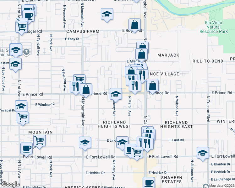 map of restaurants, bars, coffee shops, grocery stores, and more near 112/115 Prince Garden Drive in Tucson