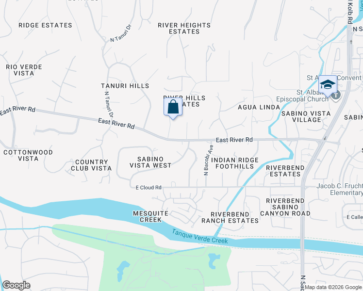 map of restaurants, bars, coffee shops, grocery stores, and more near 6601 East River Road in Tucson