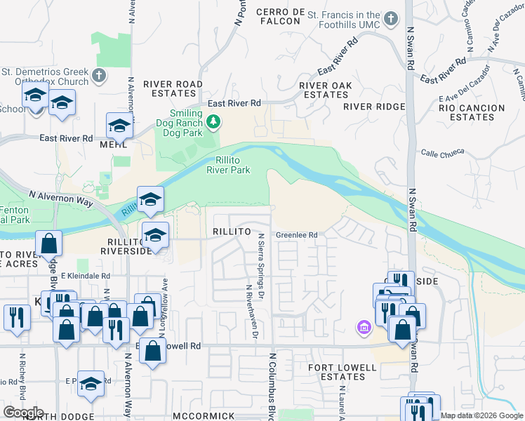 map of restaurants, bars, coffee shops, grocery stores, and more near Columbus Blvd in Tucson
