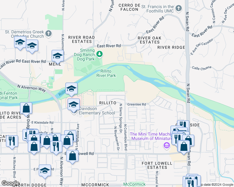 map of restaurants, bars, coffee shops, grocery stores, and more near 3401 Columbus Boulevard in Tucson