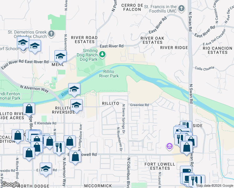 map of restaurants, bars, coffee shops, grocery stores, and more near 3401 Columbus Boulevard in Tucson