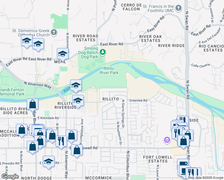 map of restaurants, bars, coffee shops, grocery stores, and more near 4173 East Sapphire Falls Drive in Tucson