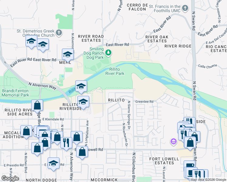 map of restaurants, bars, coffee shops, grocery stores, and more near 4173 East Sapphire Falls Drive in Tucson
