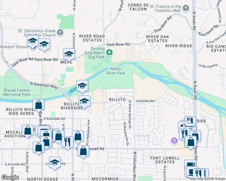 map of restaurants, bars, coffee shops, grocery stores, and more near 4173 East Sapphire Falls Drive in Tucson