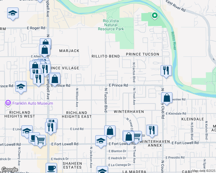 map of restaurants, bars, coffee shops, grocery stores, and more near 2472 East Moonrise Place in Tucson