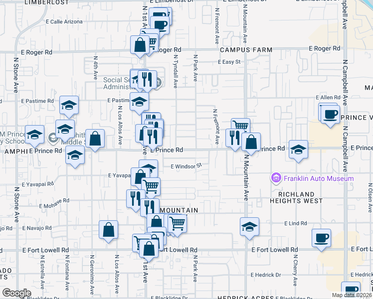 map of restaurants, bars, coffee shops, grocery stores, and more near 903 East Prince Road in Tucson