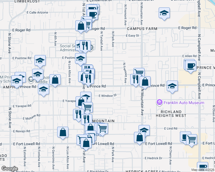 map of restaurants, bars, coffee shops, grocery stores, and more near 903 East Prince Road in Tucson